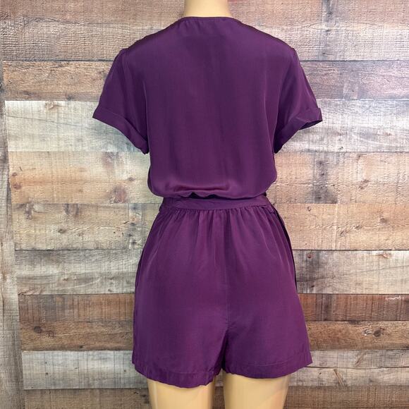 Rory Beca 100% Silk Purple Wrap Romper Short Sleeve Shorts Size Medium - Picture 5 of 13